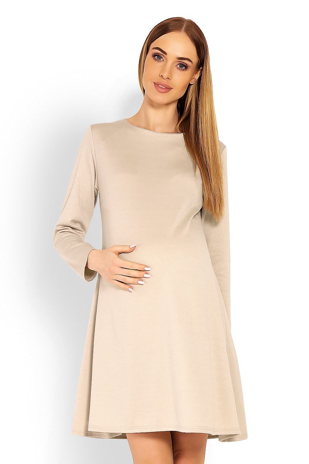 Trapesformet fødselskjole fra PeeKaBoo til dame fra MS StyleHaven, laget av polyester; Viskose, farge beige, størrelse S/M, med long ermer, short; mini; midi lengde, kjolestil other; sweater; shirt; flared; empire-waist; a-line, perfekt til casual; dress