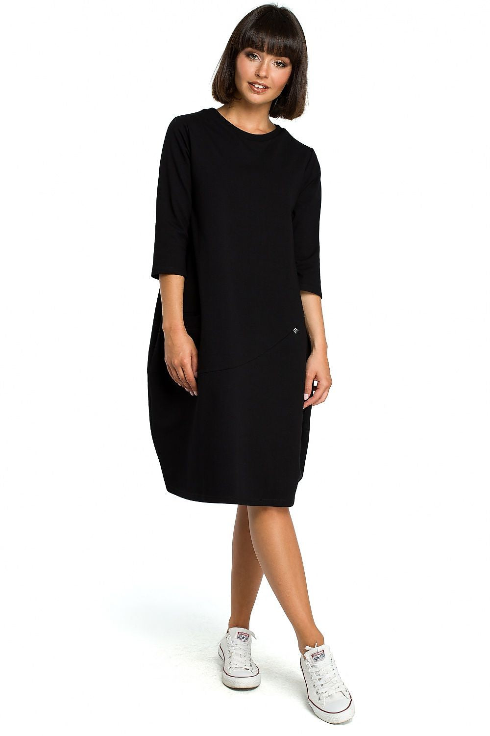 Dagskjole BeWear til dame fra MS StyleHaven, laget av polyester, farge Svart, størrelse s, med long ermer, midi lengde, kjolestil a-line, perfekt til dress