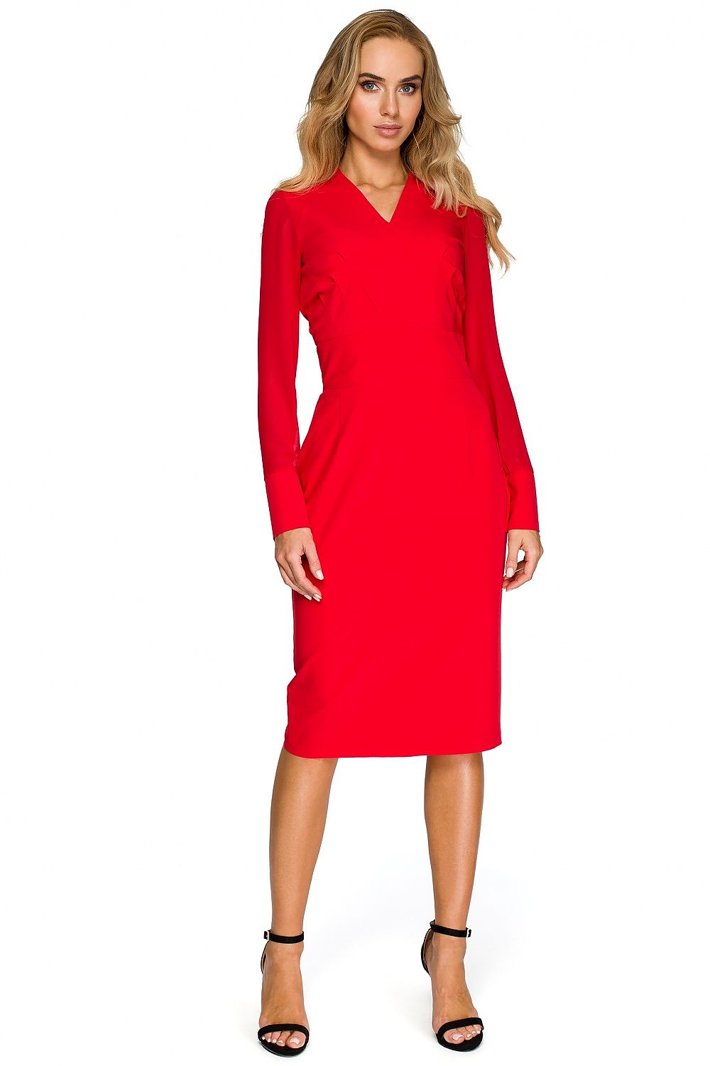 Cocktailkjole Stylove til dame fra MS StyleHaven, laget av Viskose; polyester, farge Rød, størrelse s, med long ermer, midi; knee-1 lengde, kjolestil sheath, perfekt til dress