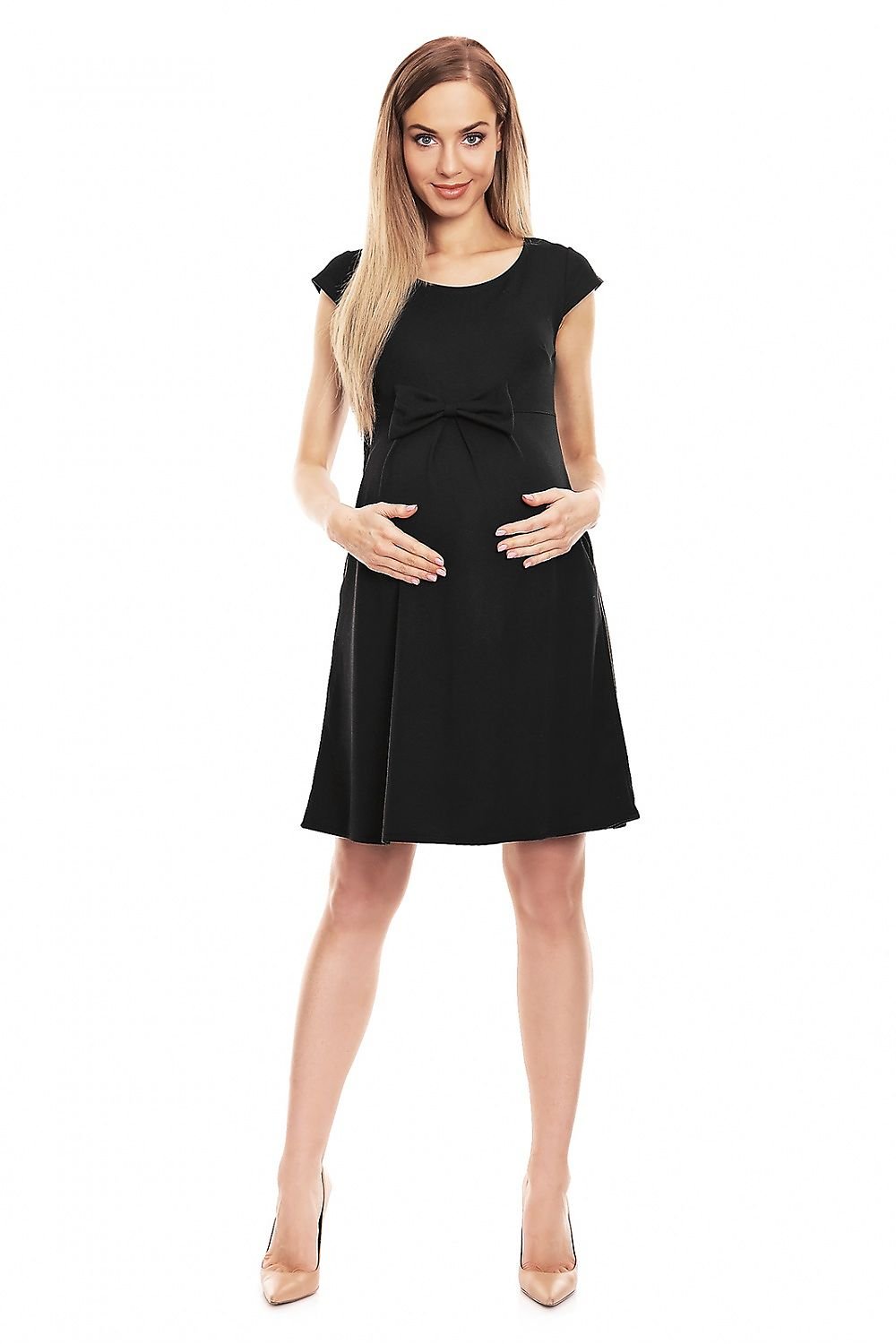 Bow Accent Flared Graviditetskjole fra PeeKaBoo til dame fra MS StyleHaven, laget av polyester; Viskose, farge Svart, størrelse L/XL, med cap; short ermer, perfekt til casual; dress