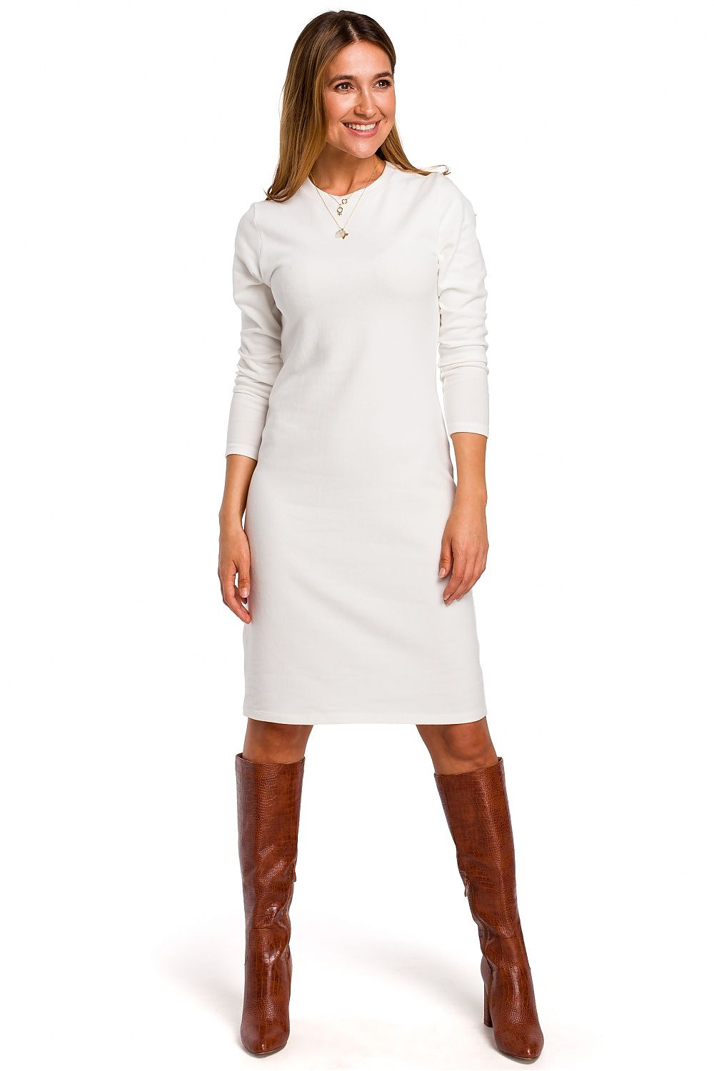 Dagkjole Stylove til dame fra MS StyleHaven, laget av Bomull, farge beige, størrelse s, med long ermer, midi; knee-1 lengde, kjolestil a-line, perfekt til dress