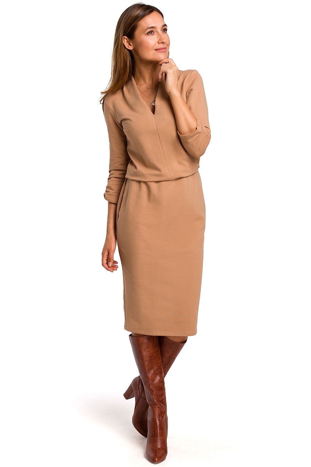 Dagkjole Stylove til dame fra MS StyleHaven, laget av Bomull, farge beige, størrelse s, med lang ermer, midi lengde, kjolestil a-line, perfekt til dress