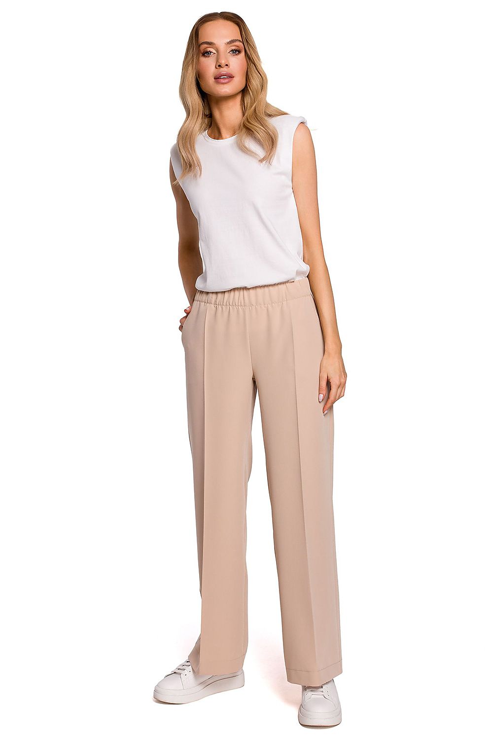 Plisserte elastisk bukser med vidde ben til dame fra MS StyleHaven, laget av polyester; Viskose, farge Marineblå, størrelse M, med long ermer, perfekt til casual; dress