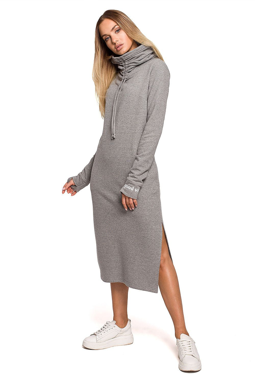 Høy krage Dagkjole - Moe til dame fra MS StyleHaven, laget av polyester, farge Grå, størrelse s, med long ermer, maxi lengde, kjolestil sweater, perfekt til casual; dress