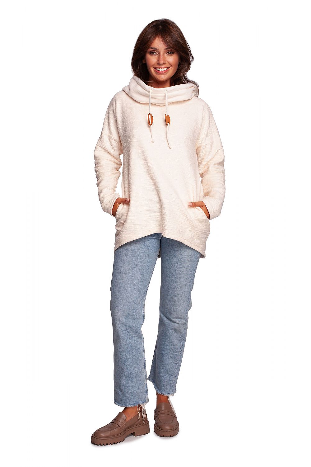 BeWear Warm Sweatshirt-Tunika med hette og krage til dame fra MS StyleHaven, laget av Bomull; polyester, farge beige, størrelse M, med short ermer, perfekt til dress