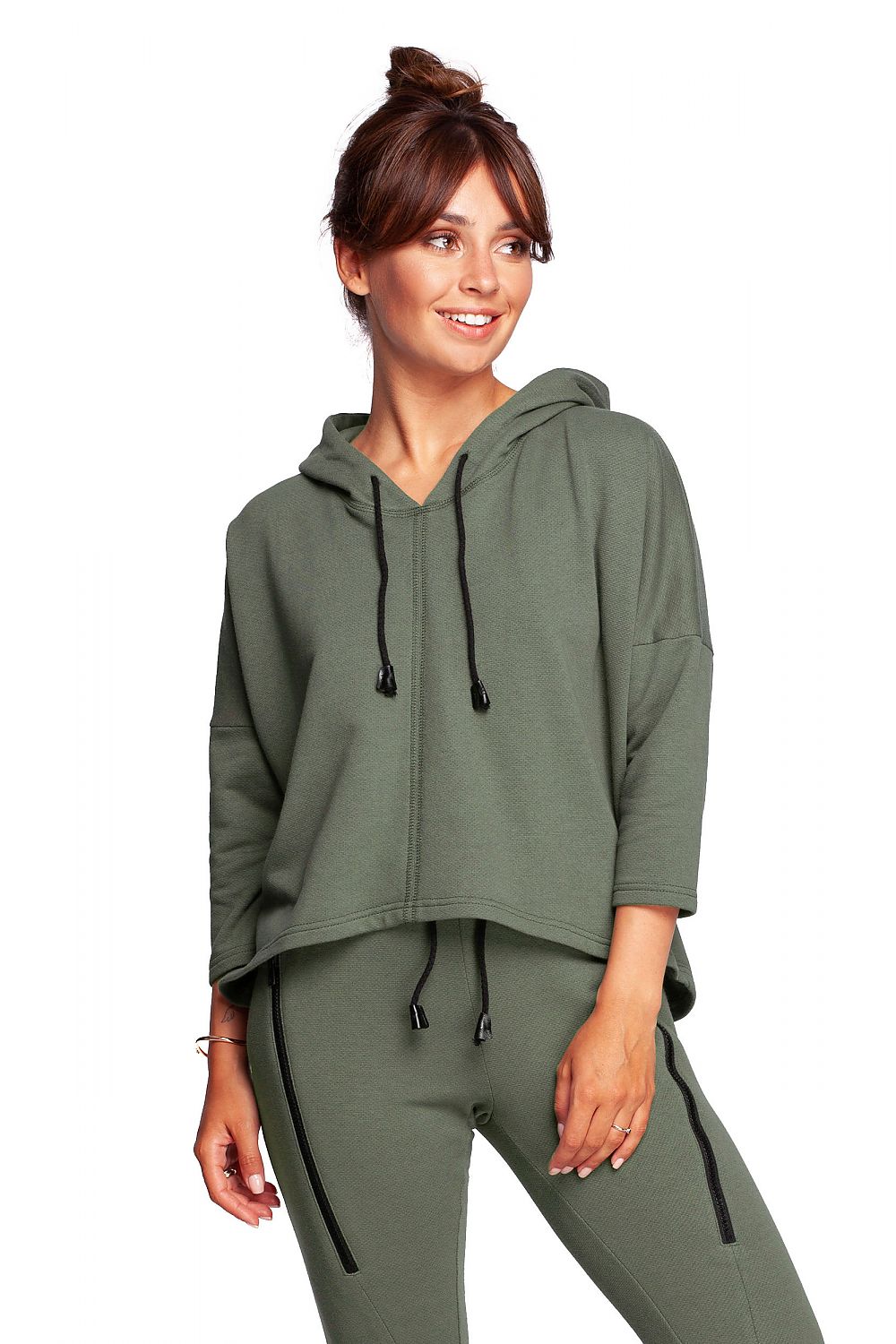 Avslappet trapes hettegenser fra BeWear til dame fra MS StyleHaven, laget av Bomull; polyester, farge Grønn, størrelse S/M, med long ermer, perfekt til dress