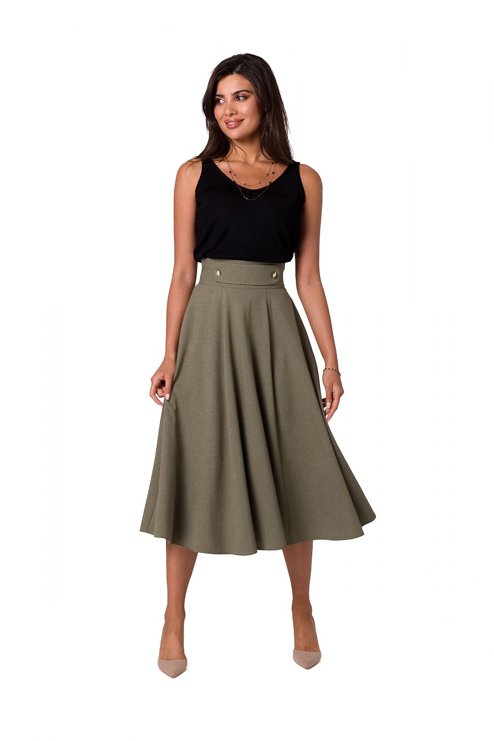High-waisted Flared Midi-skjørt - BeWear til dame fra MS StyleHaven, laget av polyester, farge Rosa, størrelse L, med short ermer, perfekt til dress