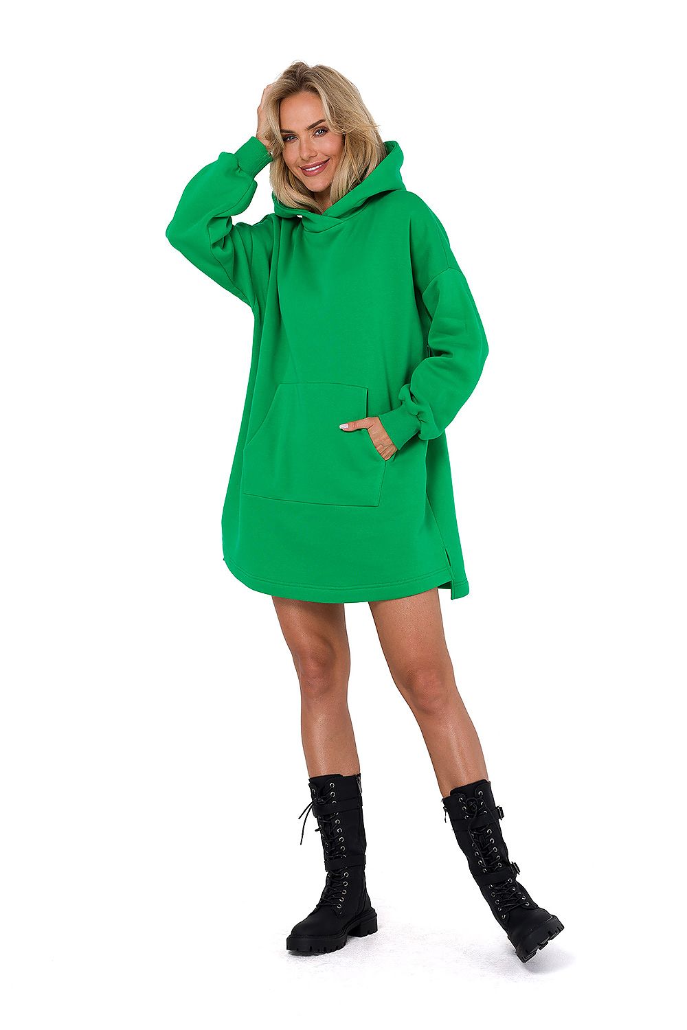 Strikket Dagkjole - Moe til dame fra MS StyleHaven, laget av polyester, farge Grønn, størrelse S/M, med long ermer, knee lengde, kjolestil sweater, perfekt til dress