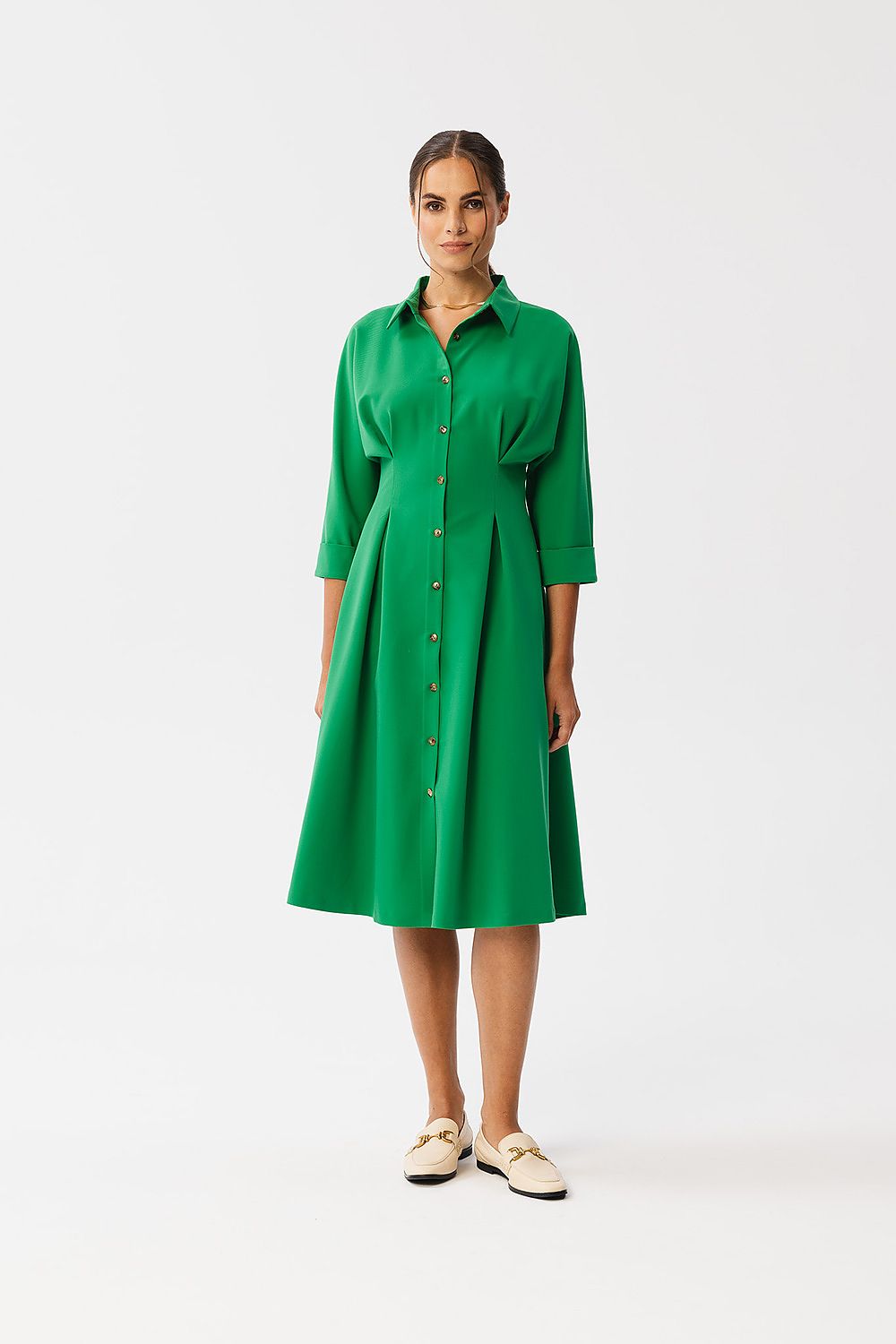 Dagkjole Stylove til dame fra MS StyleHaven, laget av polyester; Viskose; Elastan-1, farge Grønn, størrelse s, med lang ermer, knee-1; midi lengde, kjolestil a-line; shift, perfekt til dress