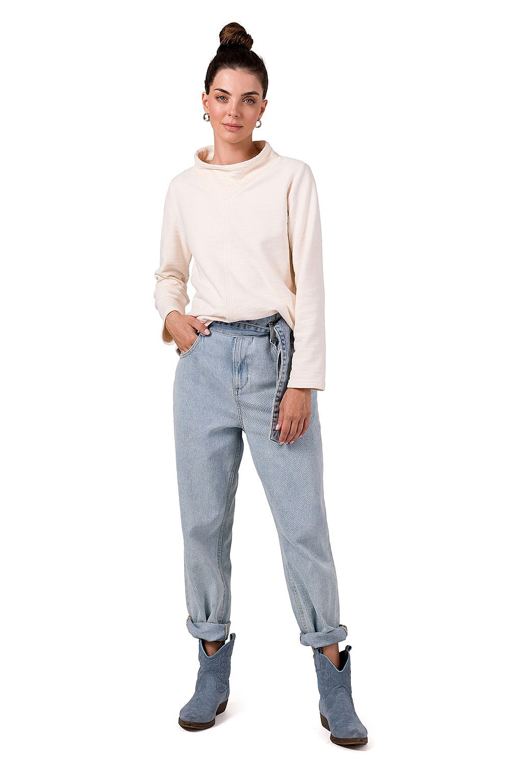 All-Season Comfort - Structured Turtleneck Sweatshirt til dame fra MS StyleHaven, laget av Bomull; polyester, farge beige, størrelse M, med long ermer, perfekt til dress