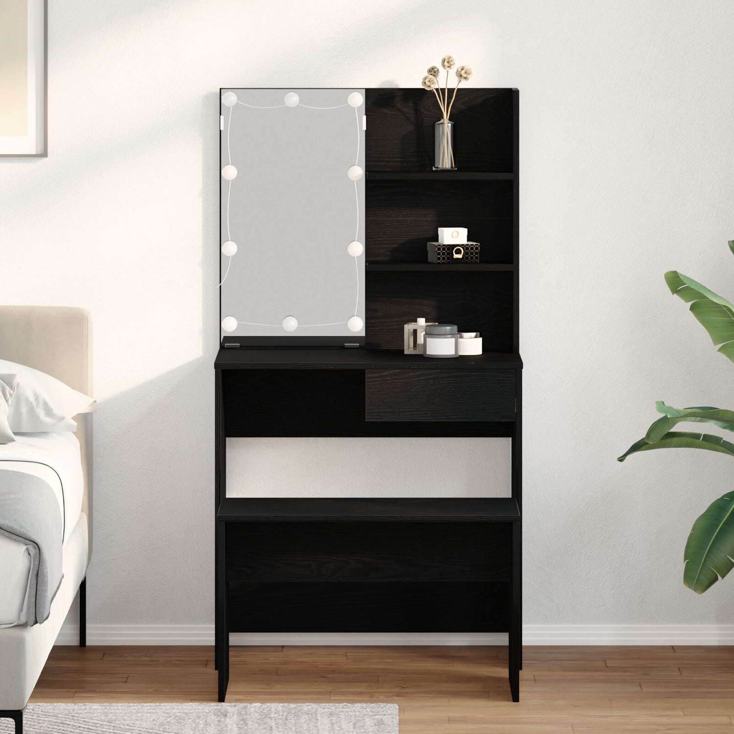 Sminkebordsett Med Led I Svart Eik Og Konstruert Tre,  Led Sminkebord I Svart Eik - 74,5 X 40 X 141 Cm, Laget Av Konstruert Tre,  Sminkestol I Svart Eik 70 X 35 X 45 Cm I Konstruert Tre