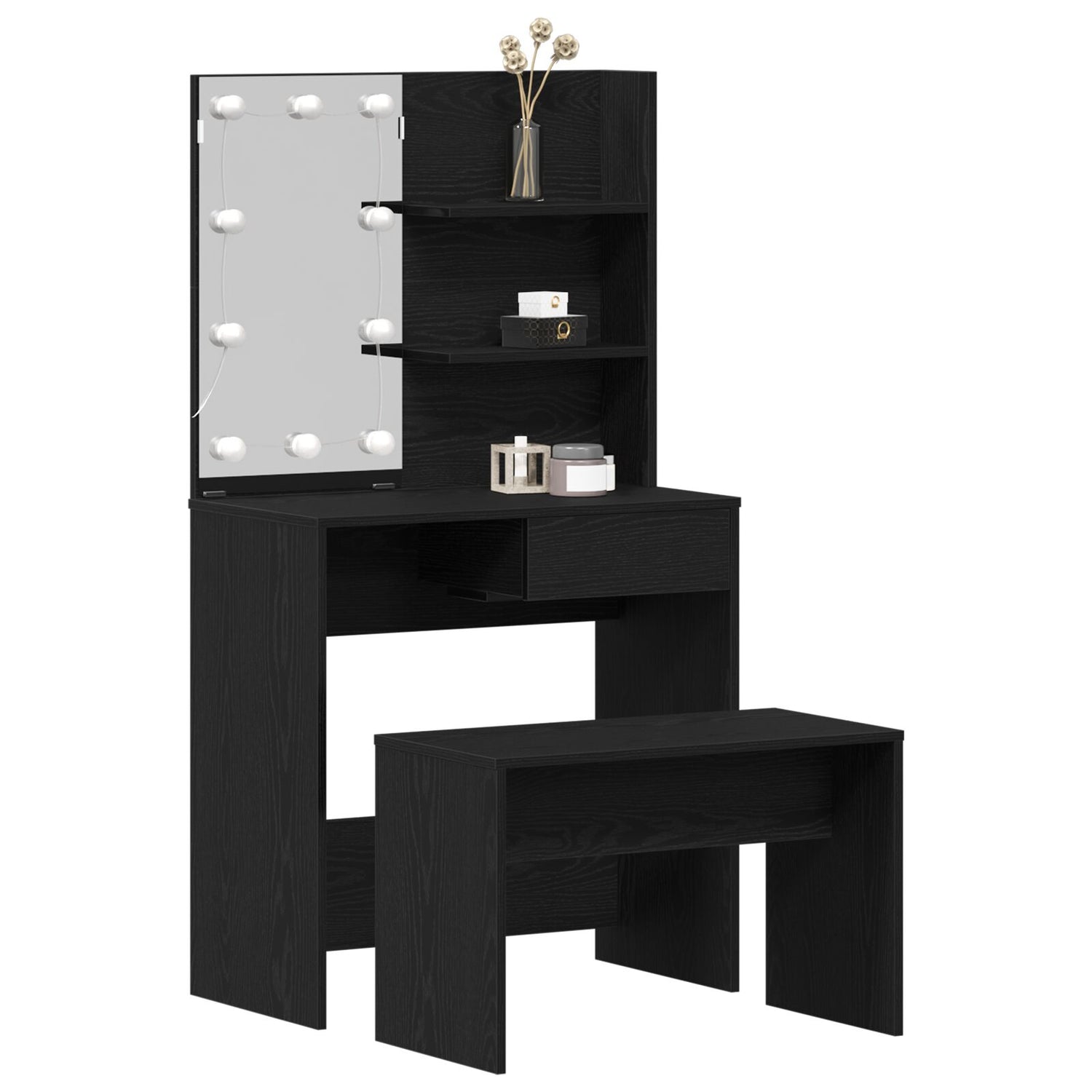 Sminkebordsett Med Led I Svart Eik Og Konstruert Tre,  Led Sminkebord I Svart Eik - 74,5 X 40 X 141 Cm, Laget Av Konstruert Tre,  Sminkestol I Svart Eik 70 X 35 X 45 Cm I Konstruert Tre